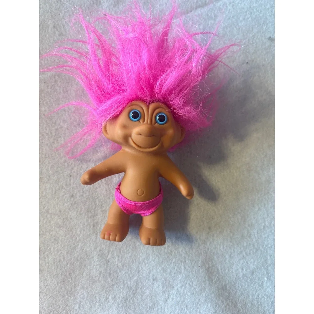 Vintage 1991 T N T Troll Doll Pink Fuzzy Hair Blue Eyes Tank Top Collectible Toy